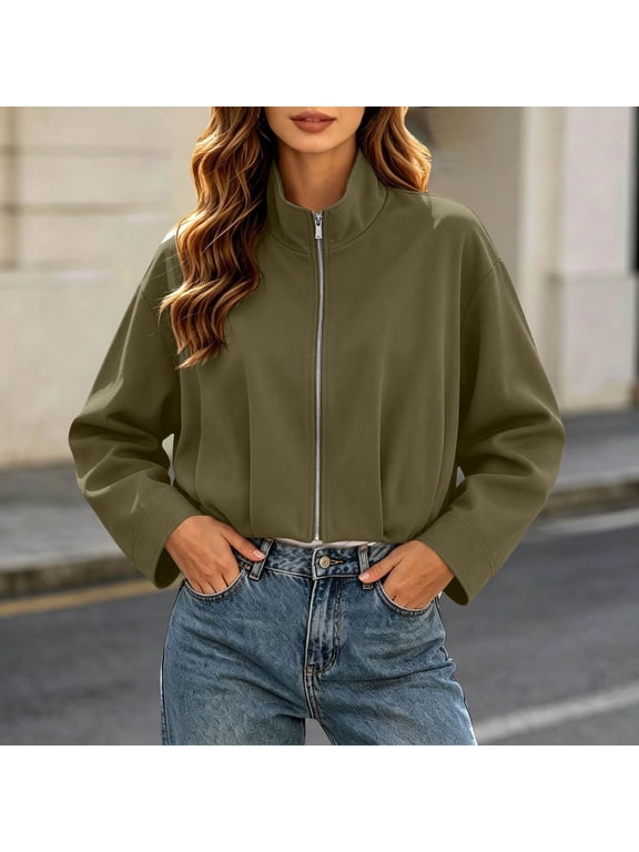 Women Cropped Bomber Lightweight Zip Up Fall Jacket,Long Sleeve Trendy Stand Collar Lightweight Outerwear Windbreaker,Trendy Jackets 2026,Casual Pilot Coat,Streetwear Outwear Green S