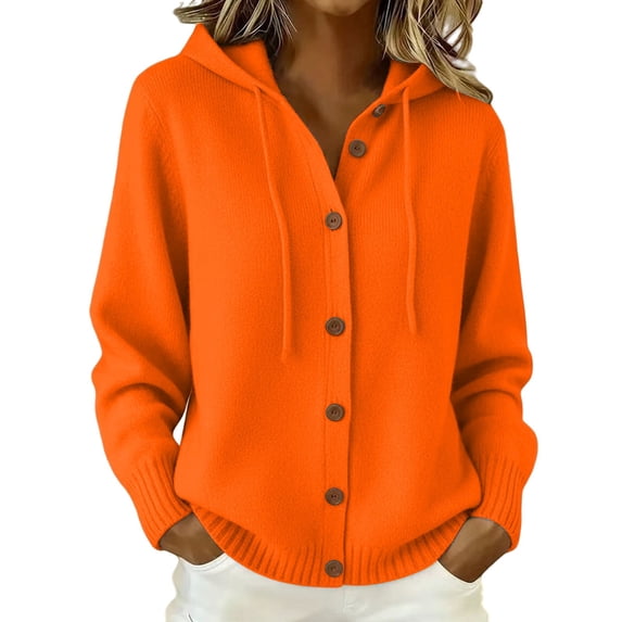 GILIGEGE Women Fall Winter Solid Color Chunky Knit Long Sleeve Button Front Button Up Hooded Cardigan Sweater Jacket Casual Stylish Daily Fashion Outerwear Autumn Winter Office Home Clothing Orange M