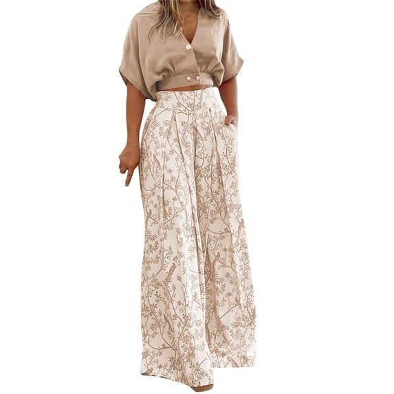GILIGEGE Women Floral Print 2 Piece Set Deep V Neck Short Half Sleeve Top Wide Leg Flared Long Pants Matching Business Formal Wedding Guest Casual Summer Fashion Suit Daily Outfit Wear Khaki