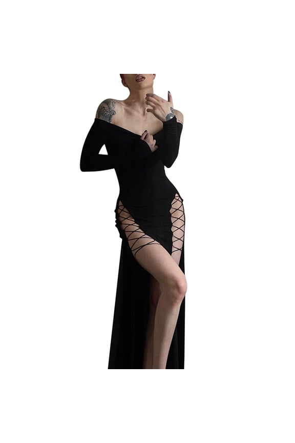Women Gothic Dress,Stretch Slit Deep V-Neck Goth Dress Without Belt Summer Rave Outfits Party Club Long Maxi Dresses Women's Gothic Fashion Elegant And One Shoulder Split Strap Dress Black L