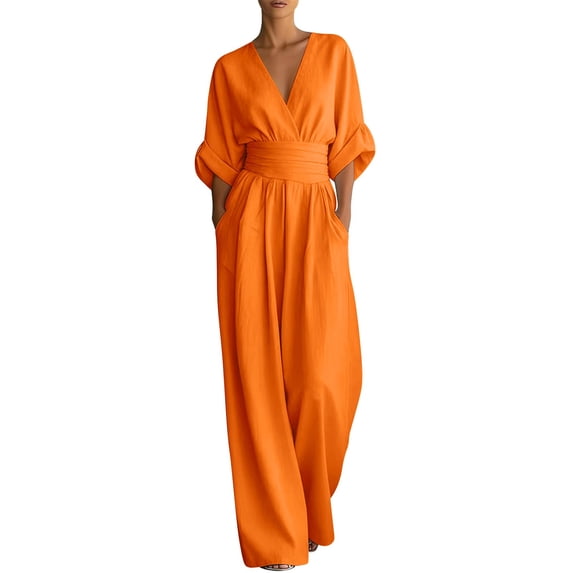 GILIGEGE Women Linen Blend Wrap V Neck High Waist Half Sleeve Flowy Wide Leg Jumpsuit Romper One Piece Outfit Casual Dressy Elegant Summer Vacation Holiday Soft Breathable Loose Fashion Outfit Orange