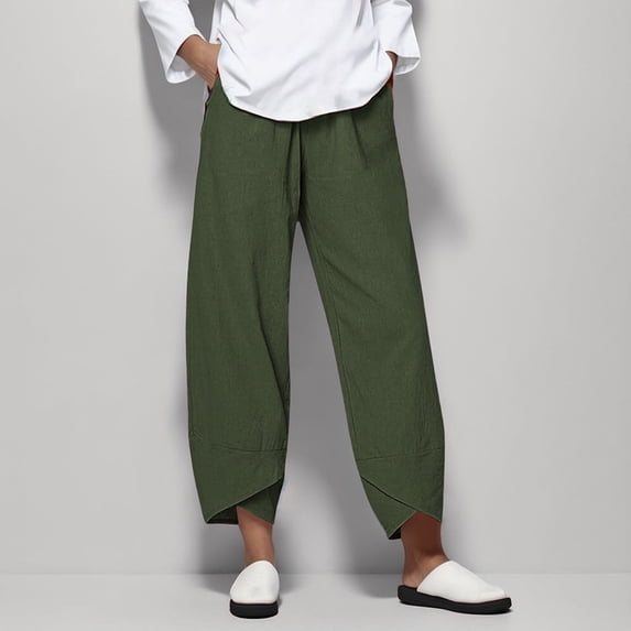 GILIGEGE Women Linen Palazzo Pants Cropped Tulip Pants,Tapered Pants Elastic Waist Pants Tummy Control Straight Leg Trousers Stretchy Lightweight Trousers Comfortable Pants Relaxed Fit Army Green
