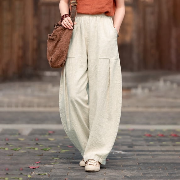 GILIGEGE Women Linen Pants Loose Fit Summer Pants Trousers Beach Pants for Womens Beach Vacation Clothes Baggy Trousers Solid Color Slacks 2026 Beach Travel Vacation Outfits Pull-On Pants Beige L