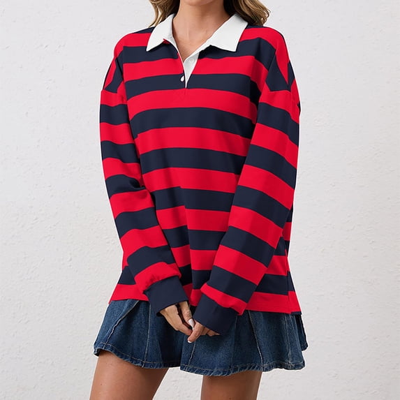 GILIGEGE Women Long Sleeve Striped Polo Shirt Oversized Collar Y2k Pullover Top Casual Loose Streetwear Rugby Sweatshirt Moisture Wicking Classic Collared Casual Golf Trendy Fall Clothes Red M