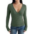 thumbnail image 1 of GILIGEGE Women Long Sleeve V Neck Sweater,Soft Slim Fit Casual Wrap Top,Ribbed Knit Side Button Deco T Shirts,Lightweight Daily Work Office Vacation Fall Fashion Outfits,Slimming Tunic Blouses Green, 1 of 4