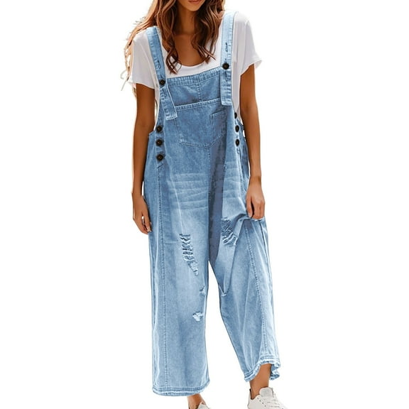 GILIGEGE Women Loose Adjustable Strap Denim Bib Overall Jeans Distressed Wide Leg Baggy Overalls Jumpsuit Womens Casual Classic Blue Daily Denim Long Pants Overalls Jumpsuit Light Blue Xl