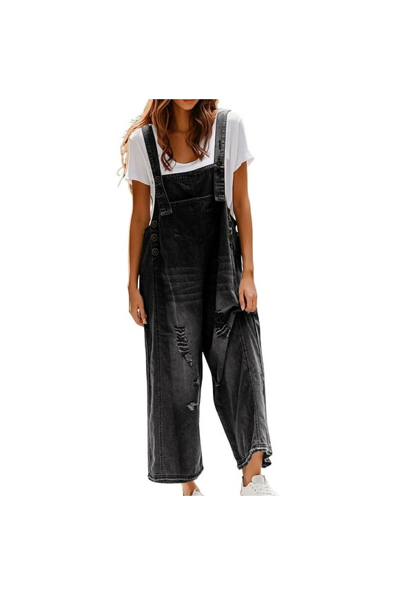Women Loose Adjustable Strap Denim Bib Overall Jeans Distressed Wide Leg Baggy Overalls Jumpsuit Womens Casual Classic Blue Daily Denim Long Pants Overalls Jumpsuit Black L