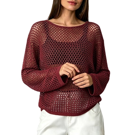 GILIGEGE Women Mesh Crochet Crop Top,Long Sleeve Hollow Out Knit Sweater,Scoop Neck,Solid Color Pullover Shirts,Bikini Beach See Through Cover Ups,Beach Swimsuit Coverup,Trendy Knit Outfits Wine