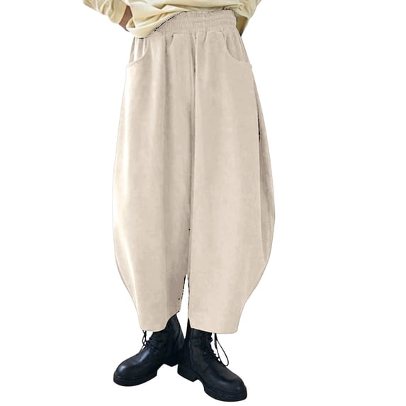 GILIGEGE Women Mid Waist Cotton Baggy Pleated Pants, Loose Wide Leg Barrel Balloon Harem Trousers with Side Pockets, Soft Breathable Casual Relaxed Fit Outfit Trousers for Summer Fall Beige