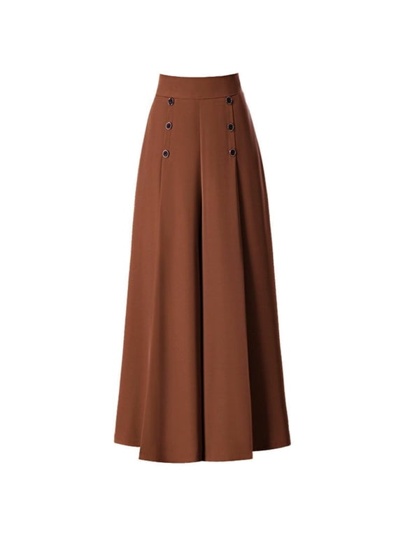Women Office Lady Wide Leg Pants Cool and Slim Stylish Pleated Pants Button Down Solid Color Nine Points Culottes Swing Pants with Pocket Summer Fall Vintage High Waist Trousers Bronze