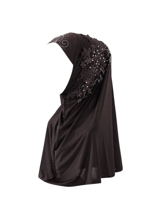 Women One Piece Girls Muslim Hijab Floral Lace Head Scarf Islamic Arab Scarf Shawls Head Wrap with Flowers Long Muslim Turban Islamic Full Head Scarf Easy Slip On Practical Coffee