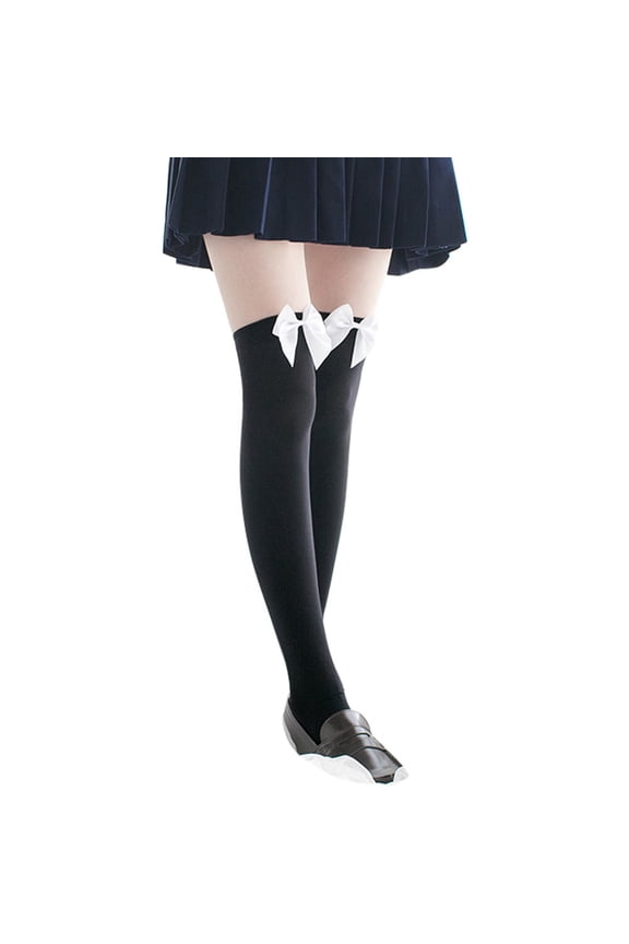 Women Opaque Thigh High Stockings with Front Decorative Bow, Non Slip Hold Up Over Knee Socks, Snag Resistant Elastic Garters Stockings for Daily Wear Party Cosplay Dress Outfit B