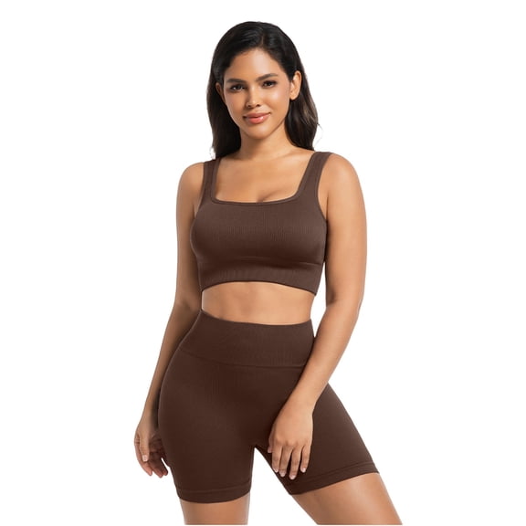 GILIGEGE Women Ribbed Square Neck 2 Piece Workout Set,Wide Strap Crop Sports Bra High Waist Biker Shorts Matching Outfit,Seamless Stretchy Compression Activewear for Yoga Gym Summer Brown M