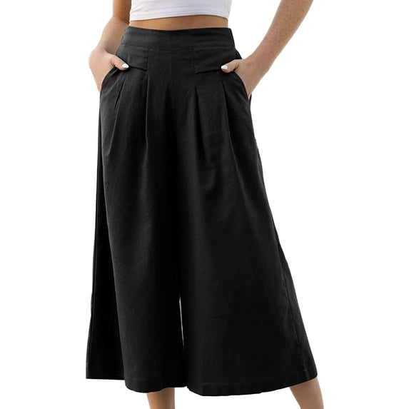 GILIGEGE Women' S Culottes Blend Wide Leg Pants Elastic Waist Casual Palazzo Trousers with Pockets Capris Cozy Classic High Waisted Pleated Soft Comfortable Cropped Pockets Flowy Beach Pant Black