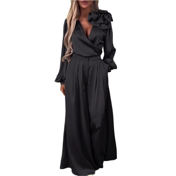 GILIGEGE Women Satin 3D Floral V Neck Long Sleeve Blouse 2 Piece Matching Set High Waist Wide Leg Pants Loose Outfit Casual Summer Vacation Evening Wedding Guest Party Daily Wear Black