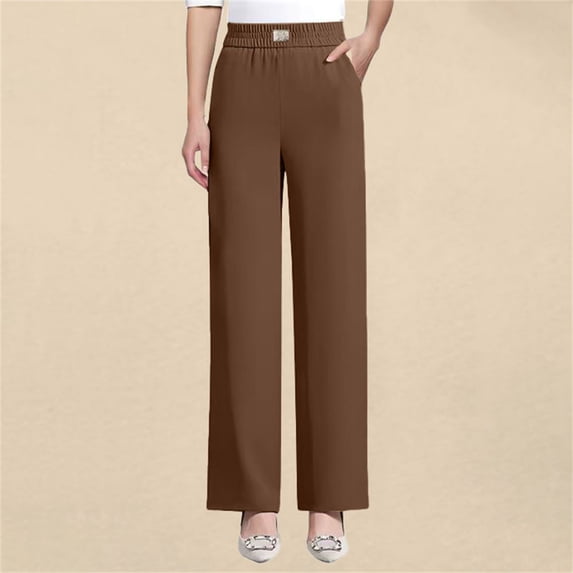 GILIGEGE Women Senior Ladies Over 50 Soft Silky Flowy Breathable Stretch Fabric High Waist Elastic Waistband Pull On Loose Fit Wide Leg Flared Straight Leg Solid All Season Casual Trousers Coffee