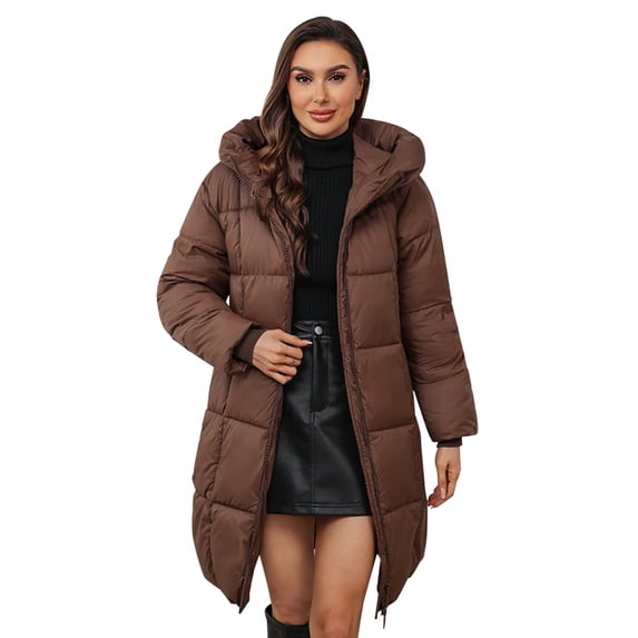 GILIGEGE Women Solid Color Hooded Long Puffer Coat,Zip‑Up Long Sleeve Loose Fit Quilted Padded Jacket,Warm Winter Outerwear Parka with Pockets for Cold Weather Daily Outfits Coffee 2XL