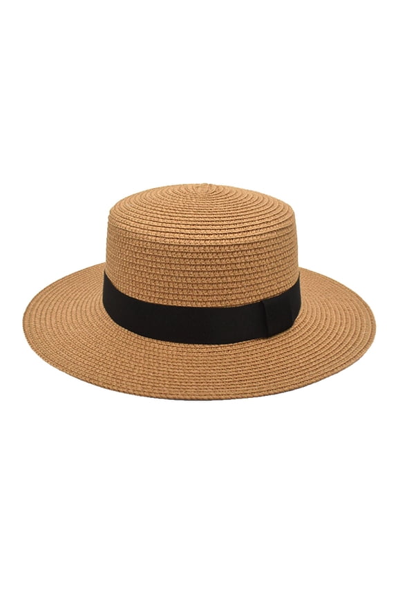 Women Straw Boater Hat Black Ribbon Hatband Solid Color Bowknot Roll-Up Caps Sun Visor Caps Summer Beach Sailor Bowler Cap Short Brim Wild Hatoutdoor Women Hats Fashionable Ladies Hats Brown
