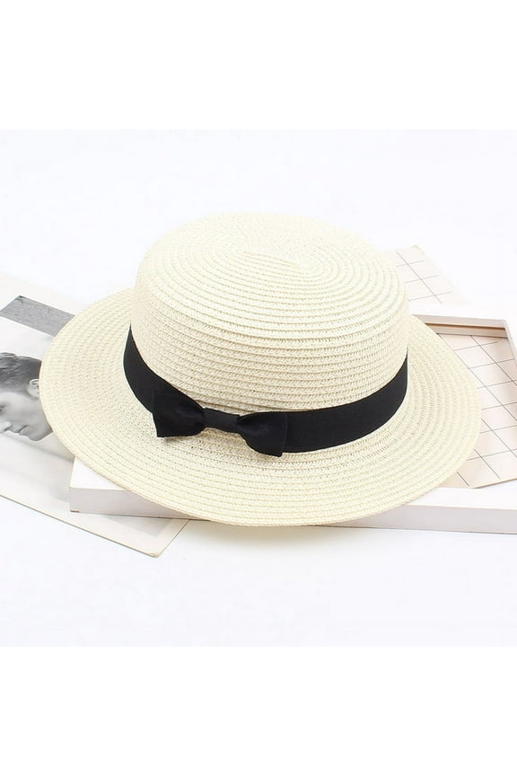 Women Straw Boater Hat Summer Beach Sun Sailor Bowler Cap Floppy Flat Top with Ribbon Hatband Solid Beach Sun Top Hat Summer Hat Ladies Women's Visor Sun Caps