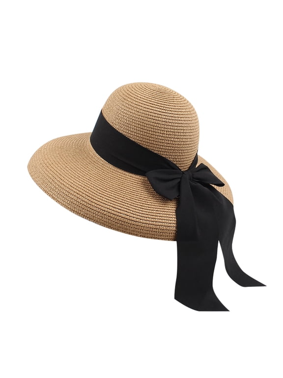 Women Summer Black Bow Straw Hat Wide Brimmed Beach Hats Foldable Sunscreen Visors Hats Big Floppy Roll Up Cap Upf 50+ Uv Protection Ladies Pillbox Dress Hats for Vacation, Travel Coffee