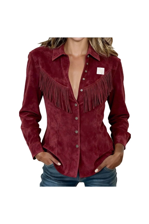Women Western Fringe Suede Shirt,Long Sleeve Lapel Collar Button Down Fitted Blouse with Chest Tassel Fringe,Soft Faux Suede Vintage Cowboy Top for Country Concert Rodeo Holiday Travel Wine