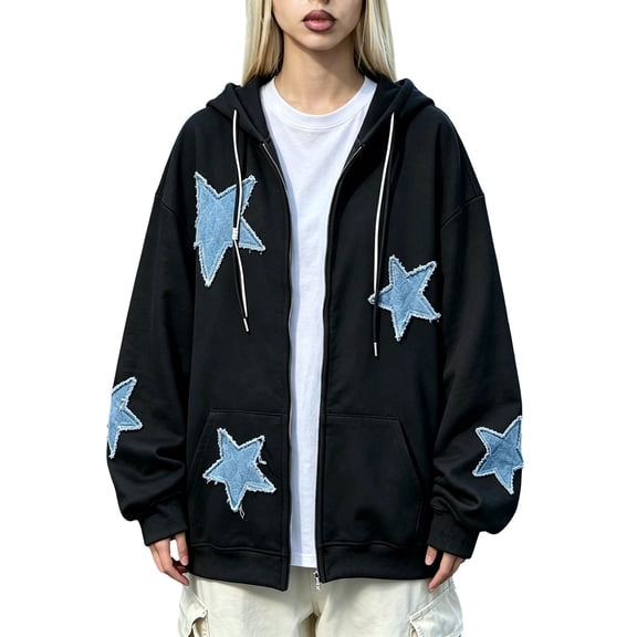 GILIGEGE Women Y2k Zip Up Hoodies Star Graphic Long Sleeve Jackets 90S Vintage Hip Hop Harajuku Oversized Hooded Sweatshirt Drawstring Zipper Loose Casual Streetwear Grunge Clothing Black