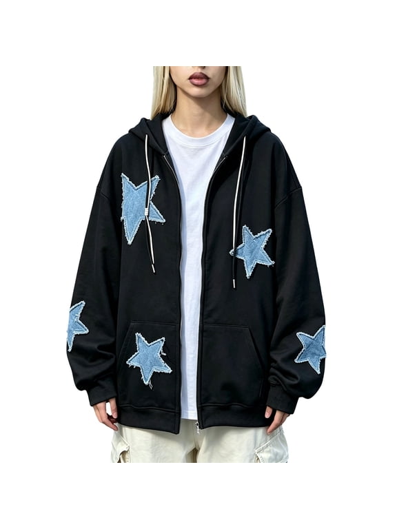 Women Y2k Zip Up Hoodies Star Graphic Long Sleeve Jackets 90S Vintage Hip Hop Harajuku Oversized Hooded Sweatshirt Drawstring Zipper Loose Casual Streetwear Grunge Clothing Black
