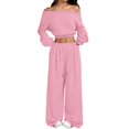 thumbnail image 1 of GILIGEGE Women's 2 Piece 2026 Fall Fashion Lounge Set Fall Fashion Long Sleeve Off Shoulder Crop Top Wide Leg Drawstring Pants Airport Outfit,Athleisure Workout Set,Casual Sweatsuit Pink, 1 of 4