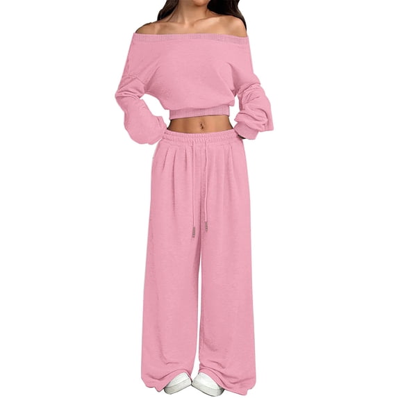 GILIGEGE Women's 2 Piece 2026 Fall Fashion Lounge Set Fall Fashion Long Sleeve Off Shoulder Crop Top Wide Leg Drawstring Pants Airport Outfit,Athleisure Workout Set,Casual Sweatsuit Pink