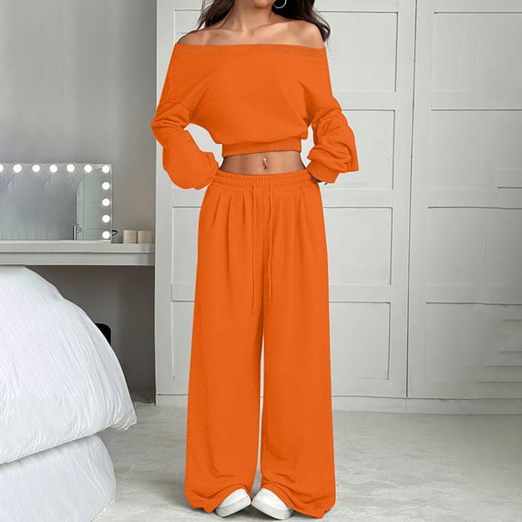 GILIGEGE Women's 2 Piece 2026 Fall Fashion Lounge Set Fall Fashion Long Sleeve Off Shoulder Crop Top Wide Leg Drawstring Pants Airport Outfit,Athleisure Workout Set,Casual Sweatsuit Orange
