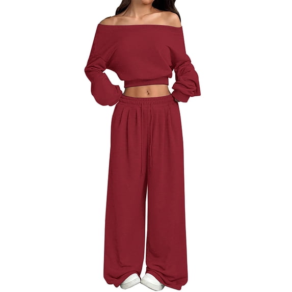 GILIGEGE Women's 2 Piece 2026 Fall Fashion Lounge Set Fall Fashion Long Sleeve Off Shoulder Crop Top Wide Leg Drawstring Pants Airport Outfit,Athleisure Workout Set,Casual Sweatsuit Wine