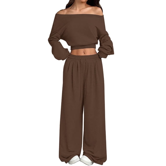 GILIGEGE Women's 2 Piece 2026 Fall Fashion Lounge Set Fall Fashion Long Sleeve Off Shoulder Crop Top Wide Leg Drawstring Pants Airport Outfit,Athleisure Workout Set,Casual Sweatsuit Coffee