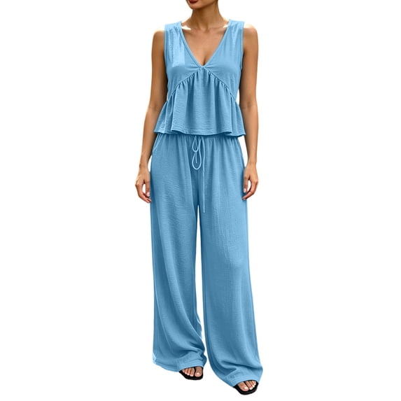 GILIGEGE Women's 2 Piece Outfit,Vintage Distressed Tie-Dye V-Neck Camisole And Pants Set,Ruffle Peplum Vest Wide Leg Pant Suits,Summer Matching Loungewear,Dressy Casual Vacation Outfits Sky Blue 2XL