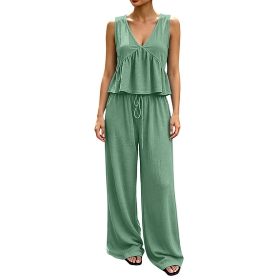 GILIGEGE Women's 2 Piece Outfit,Vintage Distressed Tie-Dye V-Neck Camisole And Pants Set,Ruffle Peplum Vest Wide Leg Pant Suits,Summer Matching Loungewear,Dressy Casual Vacation Outfits Green 2XL