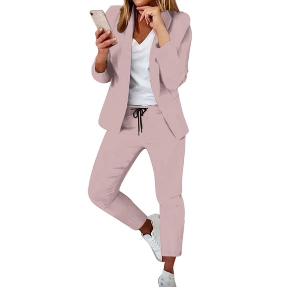 GILIGEGE Women's 2 Piece Solid Blazer and Pants Business Office Suit Set,Long Sleeve Blazer Sets,Pencil Pants Dressy Suit,Tapered Pant Suits,Slim Fit Formal Pant Suit,Professional Outfits Pink