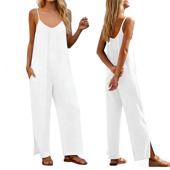 GILIGEGE Women's Adjustable Spaghetti Strap Sleeveless Loose Fit Stretchy Wide Leg Solid Color Long Pant Jumpsuit Romper Overalls with Pockets Boho Casual Summer 2026 One Piece Daily Outfit White