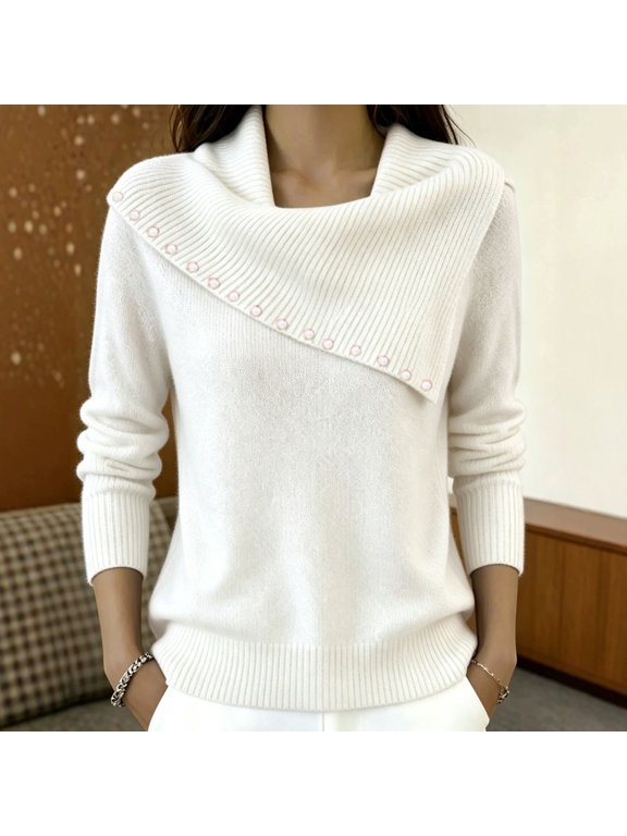 Women's Asymmetric Wrap Collar Knit Sweater,Long Sleeve Pearl Beaded Ribbed Cuff Pullover Top,Soft Warm Knitwear for Daily Commute,Coffee Meetups and Autumn Casual Outfits White S