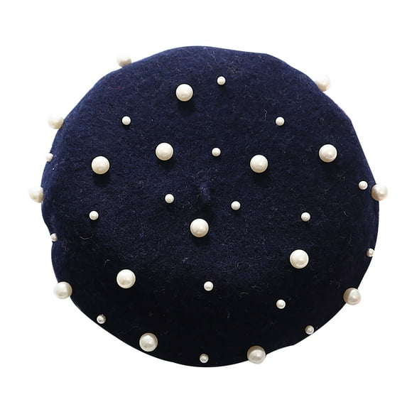 GILIGEGE Women's Beret Pearl Elegant Sweet Artist French Style Beret Beanie Cap Women Beret Pearl Elegant Sweet Artist French Style Beret Beanie Cap Navy One Size