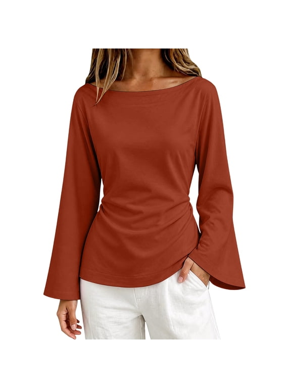 Women's Boat Neck Long Bell Sleeve Top,Tie Back Cinched Waist Blouse,Soft Draped Flare Sleeve Shirt,Adjustable Back Tie Waist Wrap Top,Elegant Dressy Casual Work Blouse for Going Out Coffee