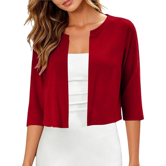 GILIGEGE Women's Bolero Shrug,3/4 Sleeve Cropped Cardigan,Thin Long Sleeve Shrug,V-Neck Knit Cropped Shrug,Lightweight Summer Cardigan,Solid Open Fornt Shrug for Cami or Dress,Fashion Clothing Wine