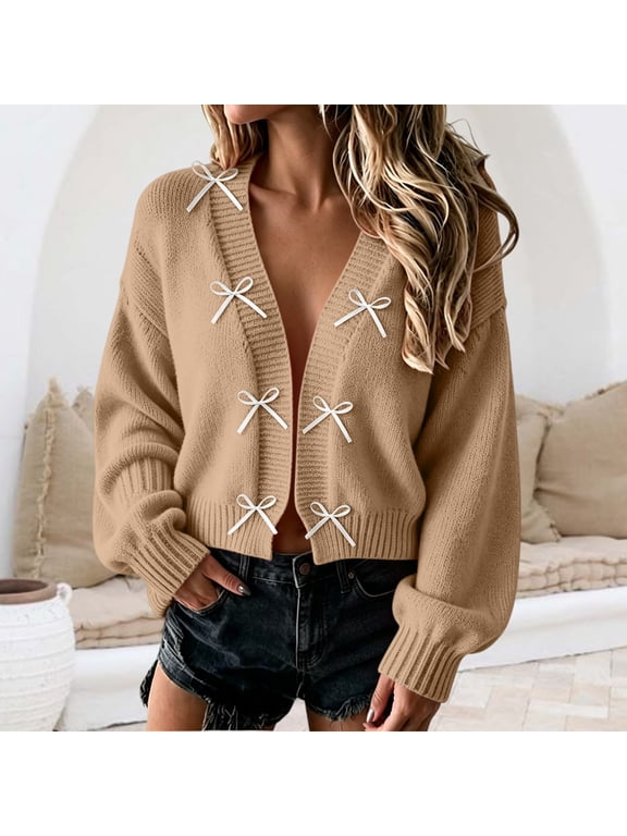 Women's Bow Detail Patchwork Cardigan Sweater,Casual Chunky Open Front Knit Top,Ribbed Cuff Lantern Long Sleeve Sweater,Trendy Cute Loose Winter Coat Clothing,Holiday Outfits Khaki S