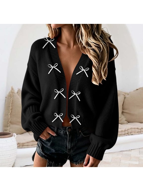 Women's Bow Detail Patchwork Cardigan Sweater,Casual Chunky Open Front Knit Top,Ribbed Cuff Lantern Long Sleeve Sweater,Trendy Cute Loose Winter Coat Clothing,Holiday Outfits Black XL