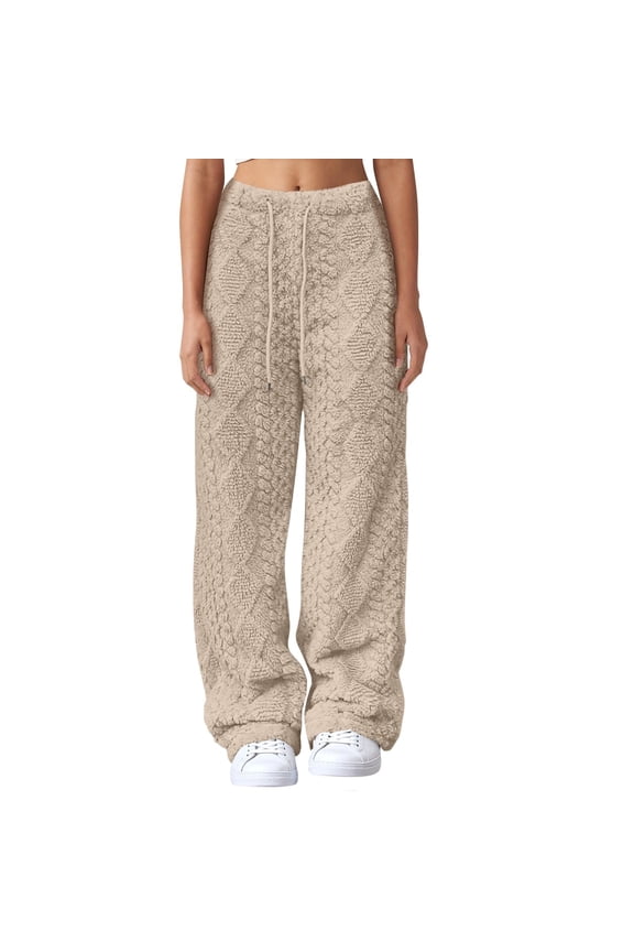 Women's Cable Knit Sweater Pants Fleece Lounge Joggers Long Harem Pants with Elastic Waist Drawstring 2025 Beige L