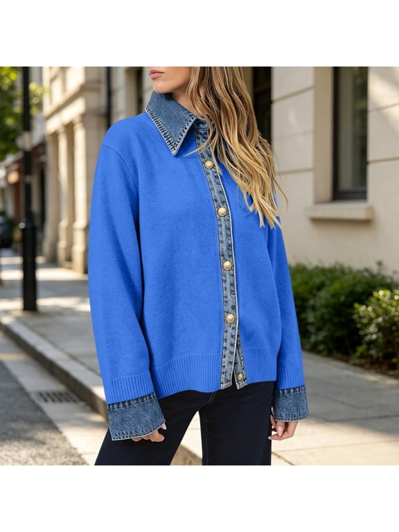 Women's Cardigan Sweaters Denim Patchwork Trim Knitted Jean Top,Long Sleeve Button Outerwear,V Neck Polo Pullover,Fake Two Piece Style,2026 Fall Fashion Tops,Daily Wear,Office work Blue S