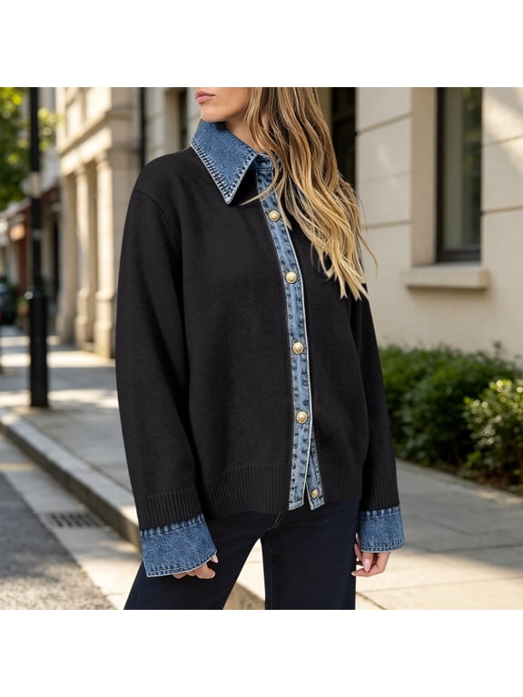 Women's Cardigan Sweaters Denim Patchwork Trim Knitted Jean Top,Long Sleeve Button Outerwear,V Neck Polo Pullover,Fake Two Piece Style,2026 Fall Fashion Tops,Daily Wear,Office work Black S