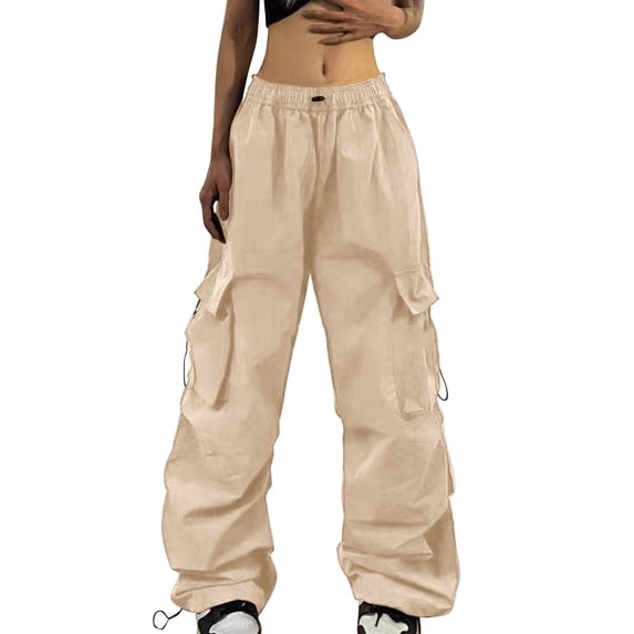 GILIGEGE Women's Cargo Pants Adjustable Drawstring Wide Leg Workout Pants Lightweight Breathable with Utility Pockets Quick Dry Parachute Hiking Pants Ruched Straight Leg for Travel Athletic Khaki