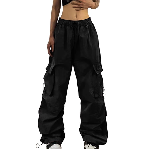 GILIGEGE Women's Cargo Pants Adjustable Drawstring Wide Leg Workout Pants Lightweight Breathable with Utility Pockets Quick Dry Parachute Hiking Pants Ruched Straight Leg for Travel Athletic Black