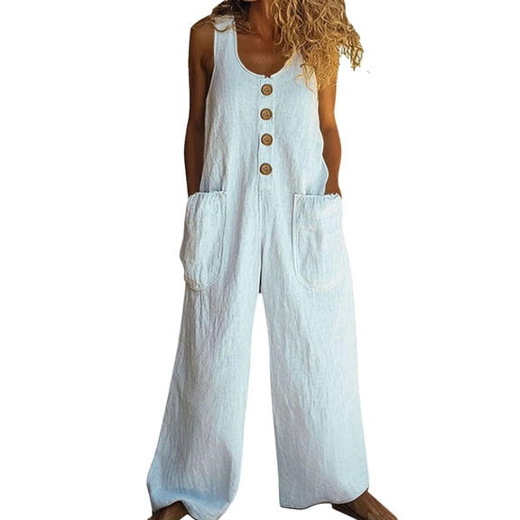 GILIGEGE Women's Casual Loose Overalls Jumpsuits One Piece Sleeveless Wide Leg Long Pant Rompers with Pockets Wide Leg Palazzo Pants Tank Jumpsuit Button Down Loose Bib Overalls Summer Linen Jumpsuit
