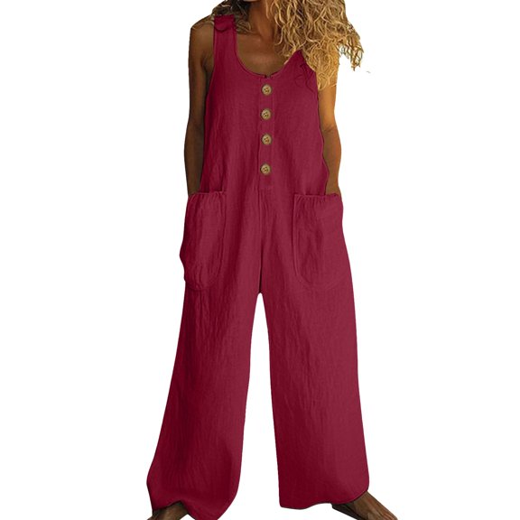 GILIGEGE Women's Casual Loose Overalls Jumpsuits One Piece Sleeveless Wide Leg Long Pant Rompers with Pockets Wide Leg Palazzo Pants Tank Jumpsuit Button Down Loose Bib Overalls Summer Linen Jumpsuit