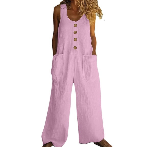 GILIGEGE Women's Casual Loose Overalls Jumpsuits One Piece Sleeveless Wide Leg Long Pant Rompers with Pockets Wide Leg Palazzo Pants Tank Jumpsuit Button Down Loose Bib Overalls Summer Linen Jumpsuit